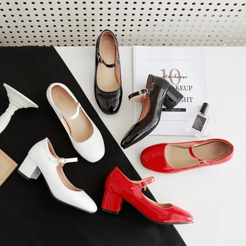 

LeShion Of Chanmeb Gloss Patent Leather Mary Jane Shoes Woman Narrow Band Strap Buckle Pumps Black White Red Block Heels Shoe 43