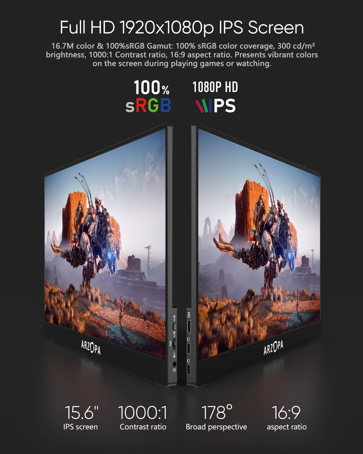 Портативный игровой монитор 15 6 '𧅄 Гц 1080P FHD для Switch Xbox PS5 ноутбуков ПК Mac