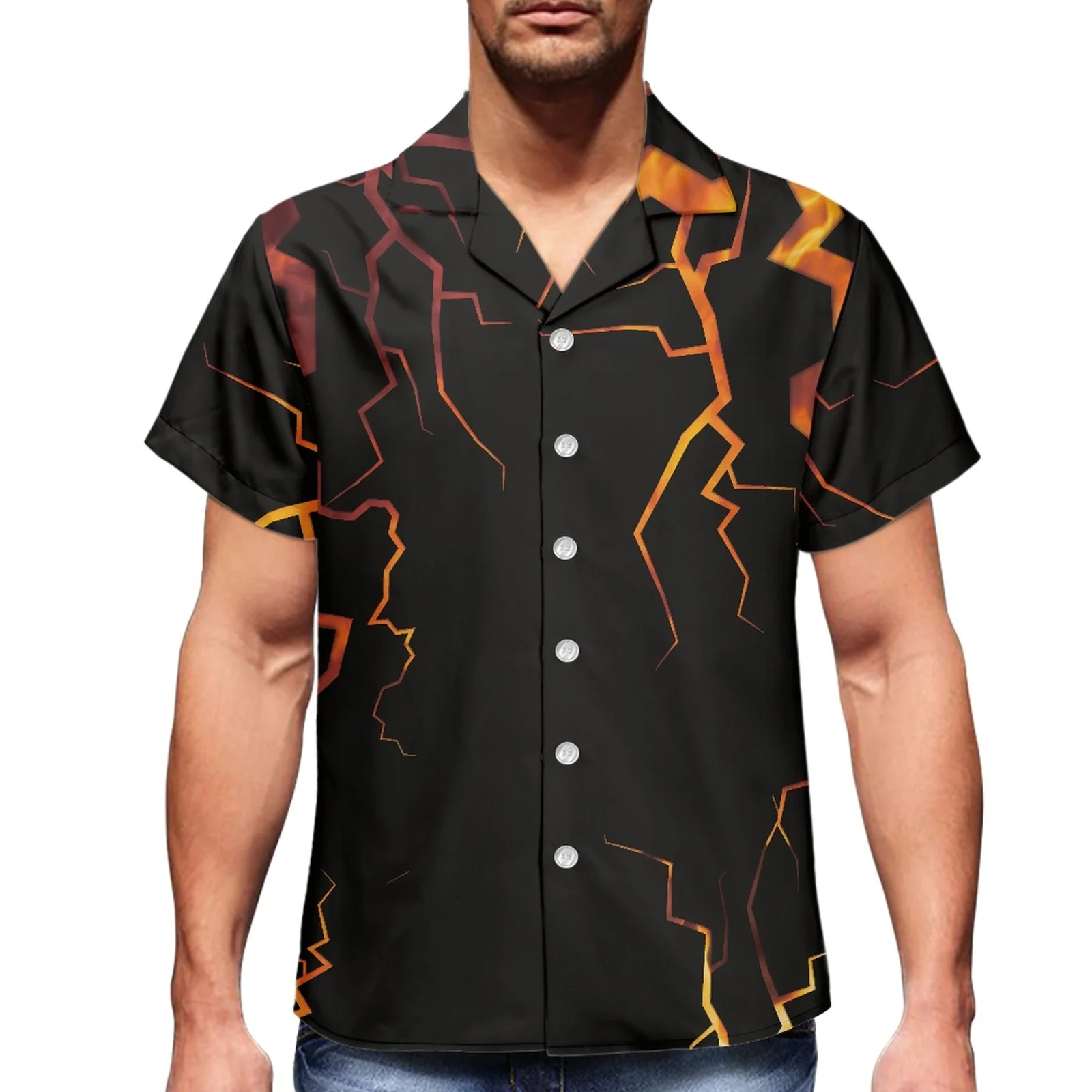 Men's Shirt Sport Travel Custom Tailored Men's Slim V-neck Short Sleeve Blue And Red Flame New Logo Print Beach Hawaiian Luxury
