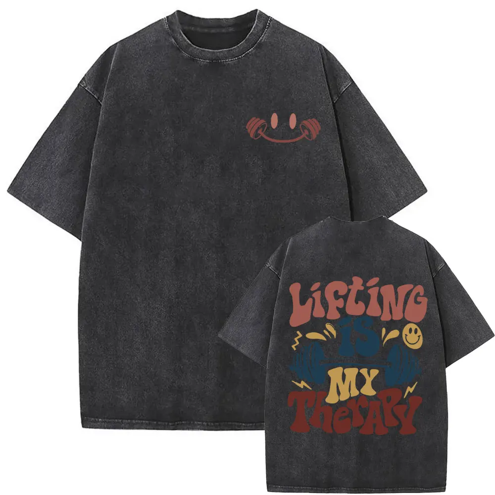 Lifting Is My Therary Gym Fitness Pump Cover T-shirt Men Women Fashion Vintgae Washed T Shirt Male Art Aesthetic Short Sleeve