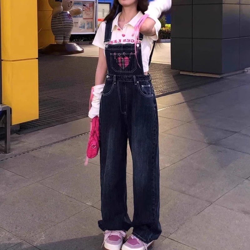 Винтажный джинсовый комбинезон для женщин в стиле Харадзюку Y2k с высокой талией