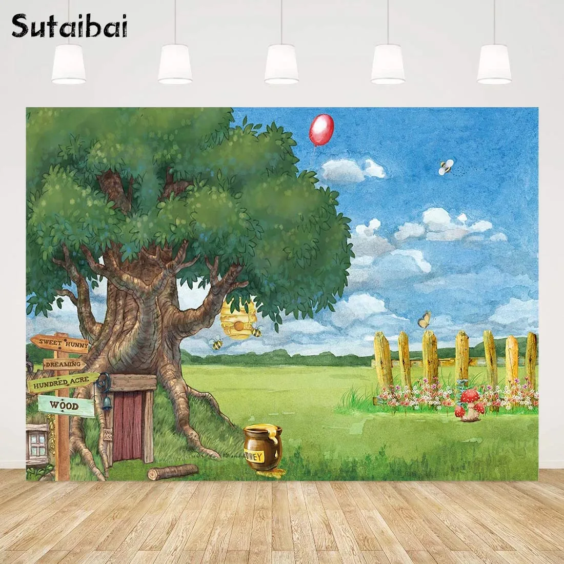 

Фон для фотосъемки с изображением мультяшного леса Дерева Дома милой медовой пчелы детского торта разбитого дня рождения украшение для веч...