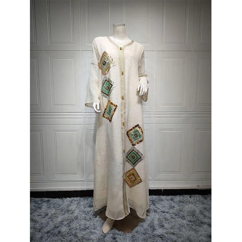 Abaya Muslim Cotton And Linen Elegant Sequins Dress Loose Skin Color Fashion Robe Dubai Abaya Turkey Islamic Women Dress