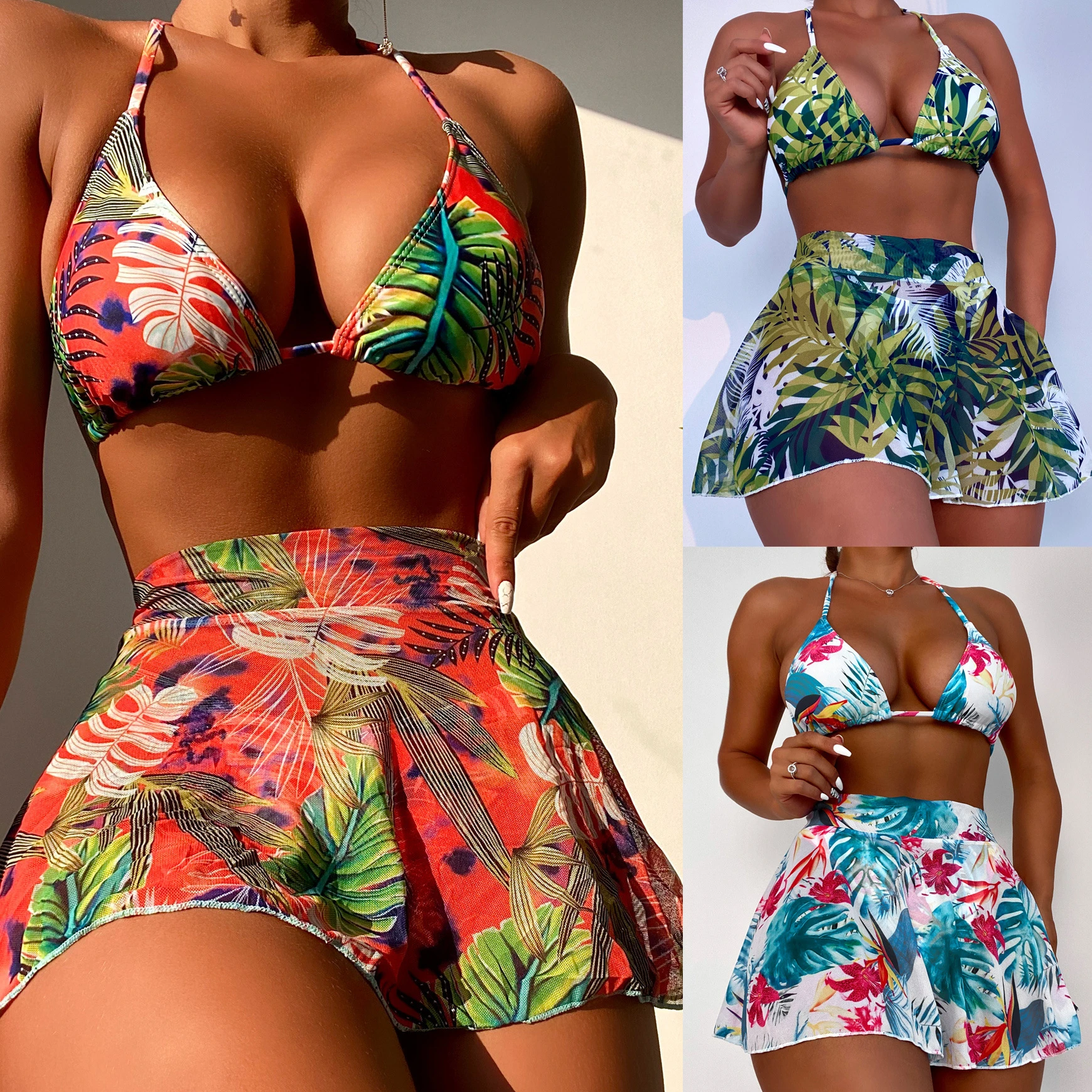 Summer Suit Women Three-piece Bikini with Large Flower and Leaf Print Women's Bikinis 2022 Dress High Waist Beachwear Swimsuit
