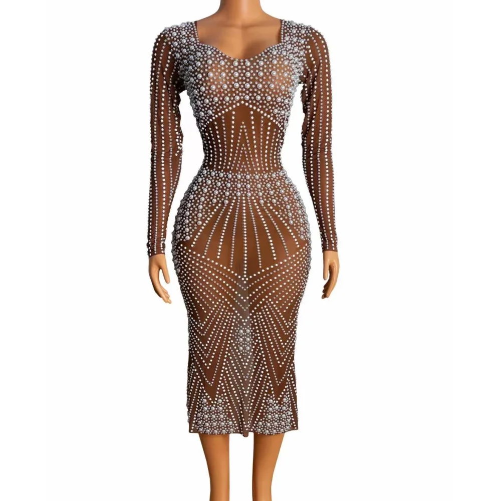 

Brown Shining Rhinestones Long Sleeve Sexy Women Sheath Split Dress Evening Party Club Clothing Stage Singer Dancing Costume