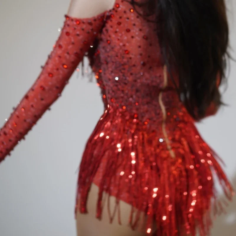 Бар ночной клуб DS Dj Party костюм Gogo красный боди со стразами и бахромой женская