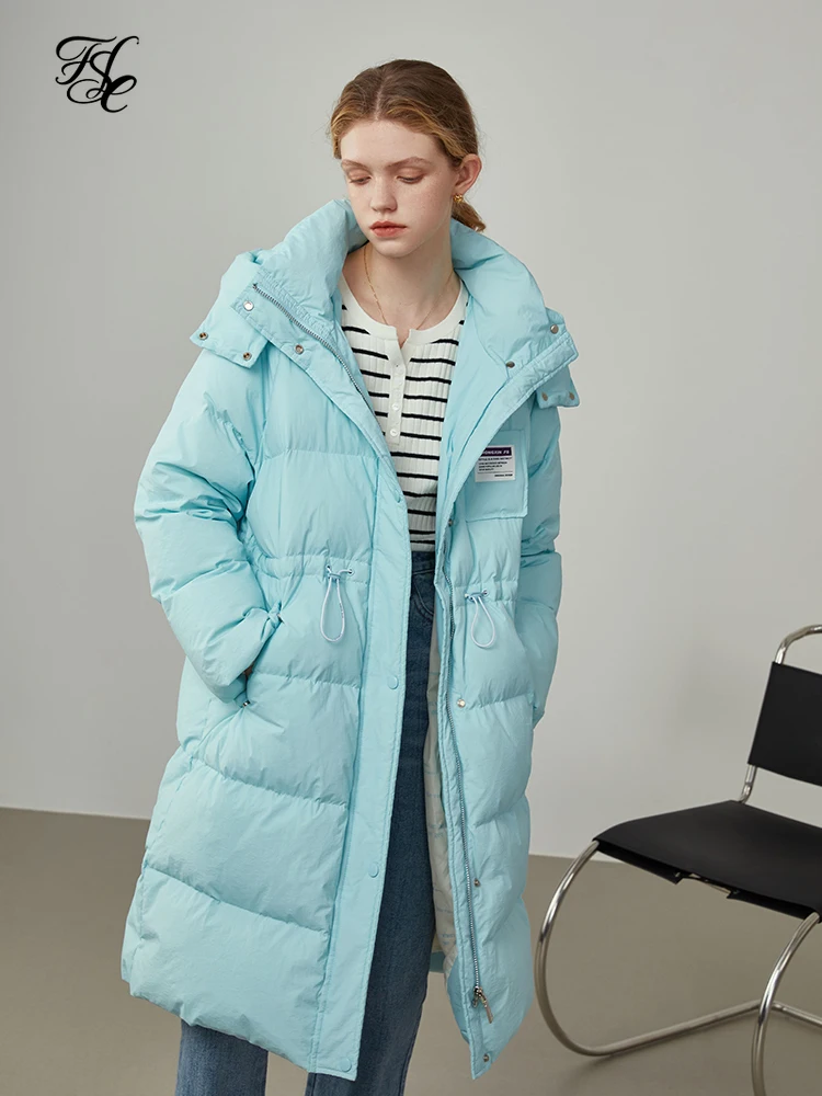 

FSLE Women Down Jacket Mid-length Blue Hooded Thick Coat Black Straight Drawstring Waist Down Jacket Detachable Hat Design