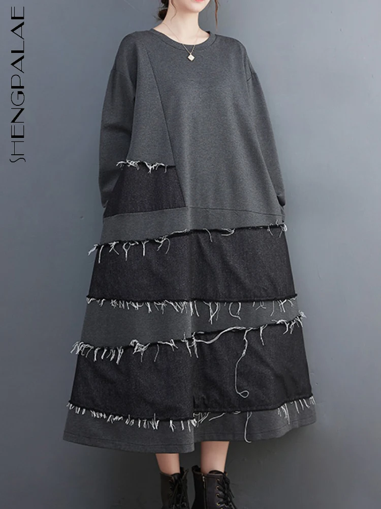 

SHENGPALAE Patchwork Black Dresses For Women Korean 2022 Autumn Winter Streetwear Knitted Dress With Long Sleeve oversize 5R132