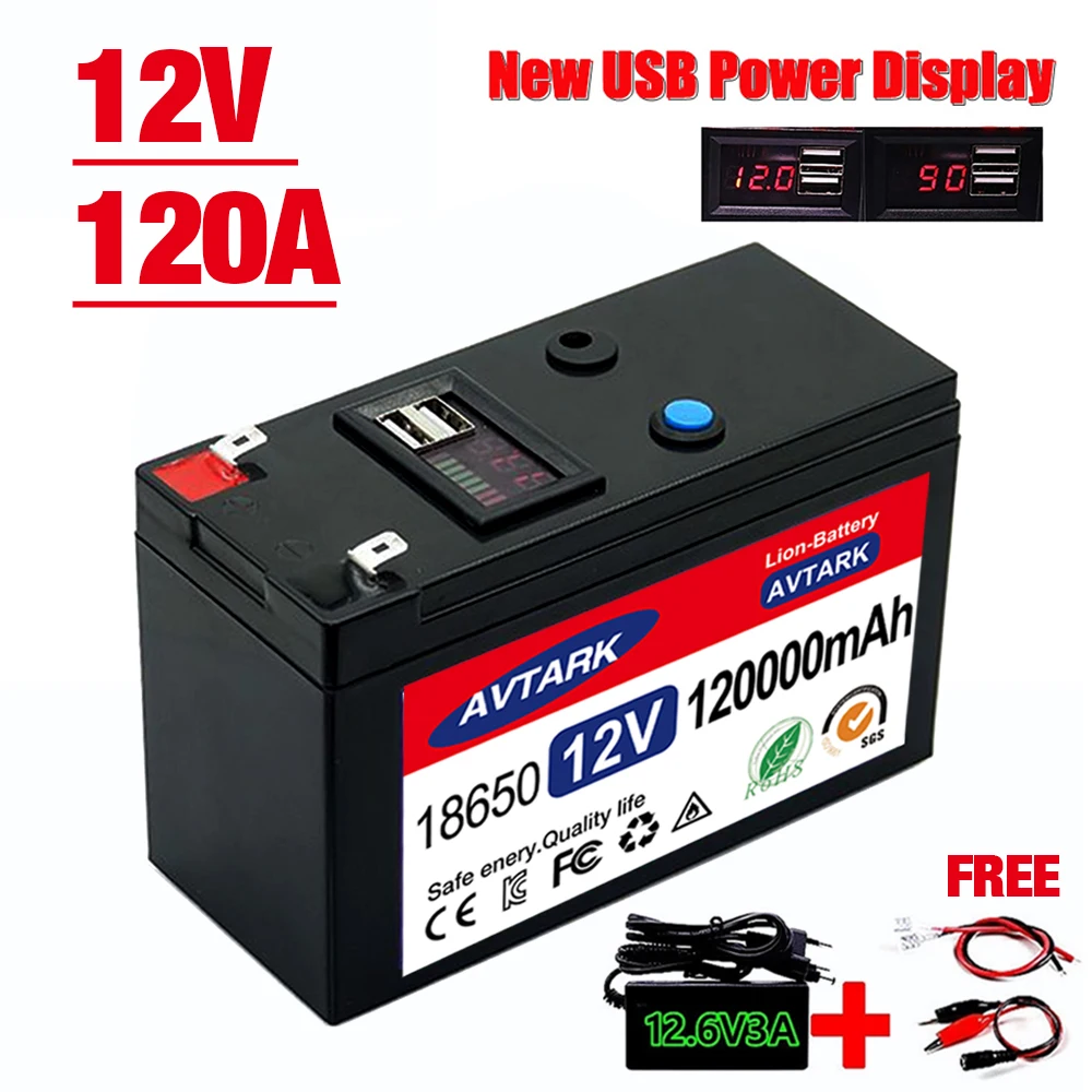 

2023 Upgraded 12V 120000mAh Portable Rechargeable Battery Built-in 5V 2.1A USB Power Display Charging Port with +12.6V Charger