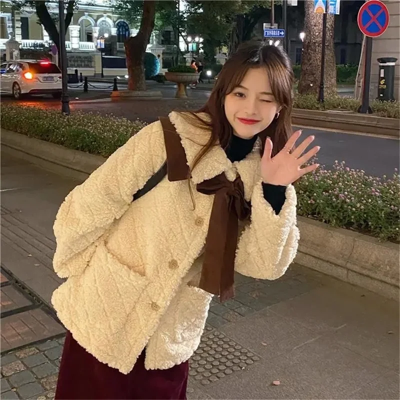 2021 Autumn and Winter Diamond Lattice Thick Lamb Fur Fur Coat Women's Bow Shawl Street Fashion Long-sleeved Women's Clothing