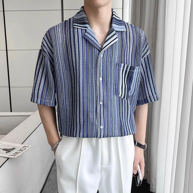 

Рубашка мужская Трикотажная в полоску, однобортная деловая Повседневная Уличная одежда с V-образным вырезом, корейский топ, на лето