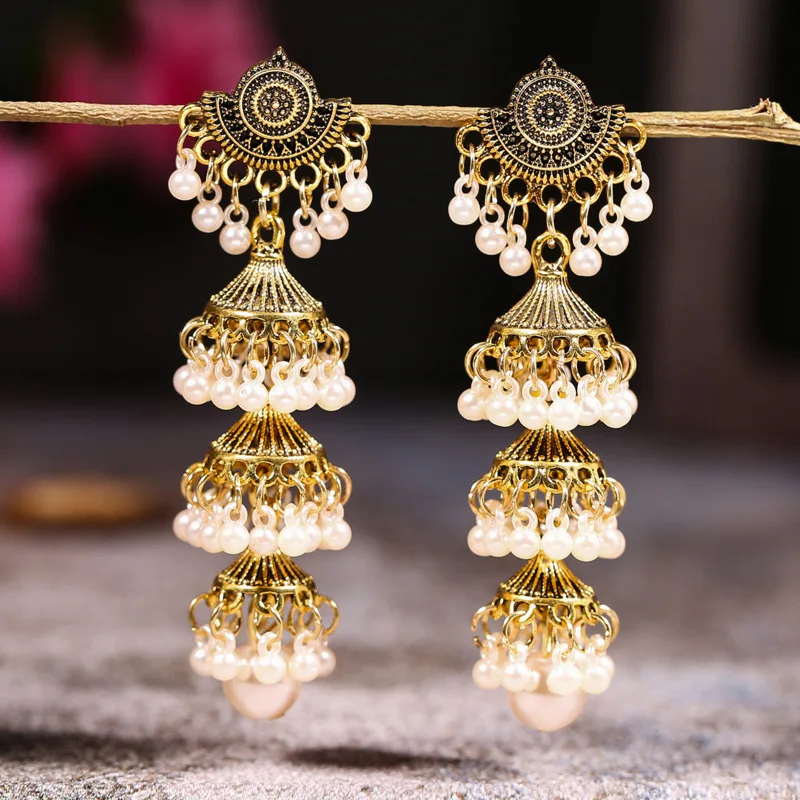 

Indian Jewelry For Women 2023 Ethnic Vintage Antique Gold Color Alloy Simulated Pearl Tassel Long Jhumka Earrings