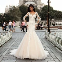 luxury wedding dress with embroidered lace on net mermaidvintage lace o neck full sleeve bride slim line gowns vestido de novia