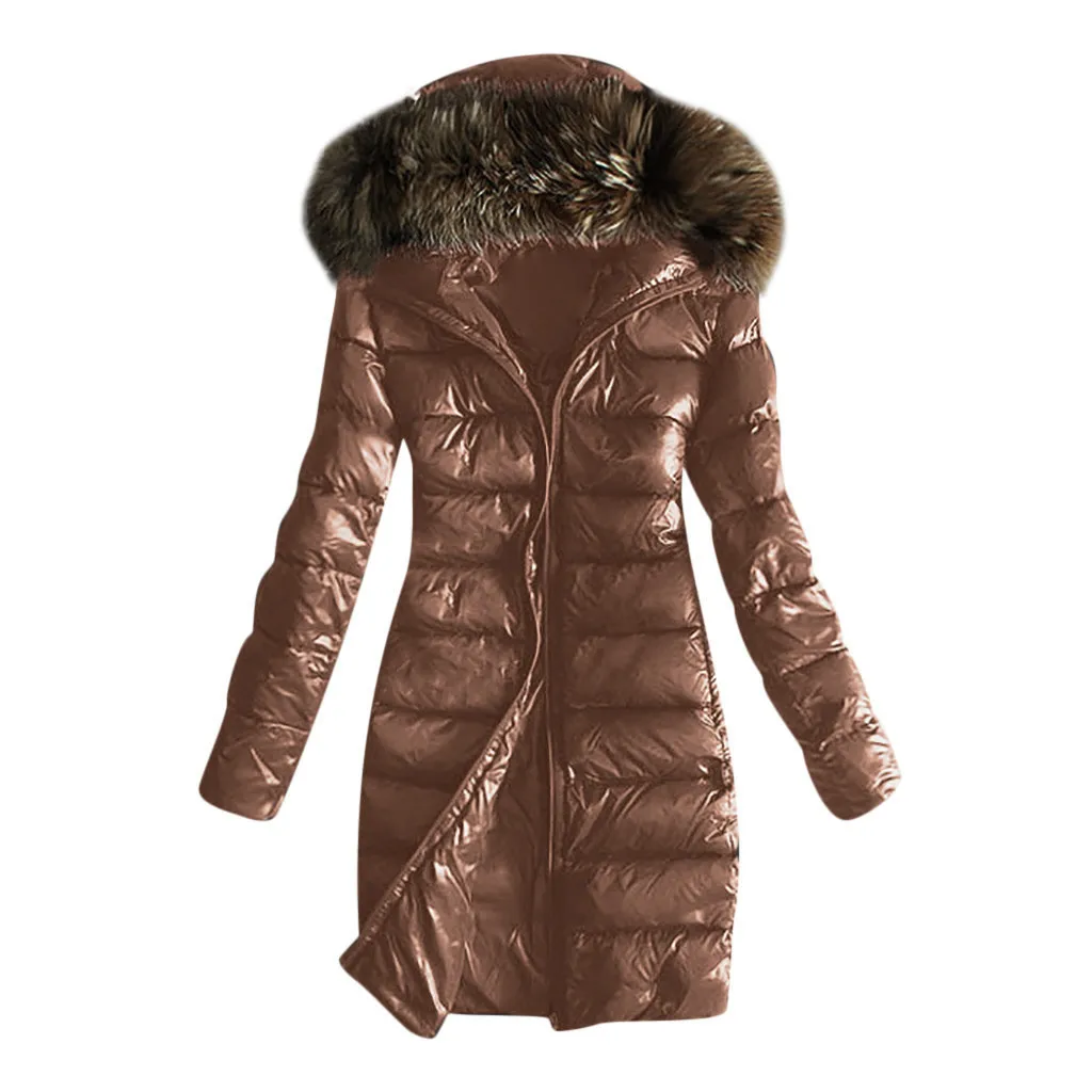 Fur Collar Hoodie Parka Coat Women Winter Brown Hooded Coats Slim Fit  Jacket Casual Warm Cotton Jackets Overcoat Female Outwear