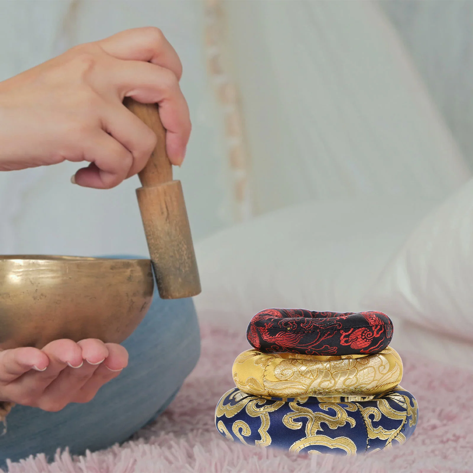

3 Pcs Singing Bowl Silk Mat Bowls Meditation Tibetan Cushion Yoga Ring Brocade Pillow Sound Pad