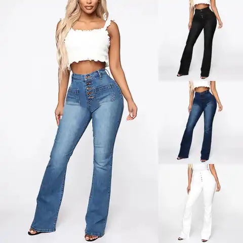 Women Flare Jeans Button Fly Women's Raw Hem Flare Jeans Fashion Woman Denim Pants Jean Femme High Waist Full Length Slim Jeans
