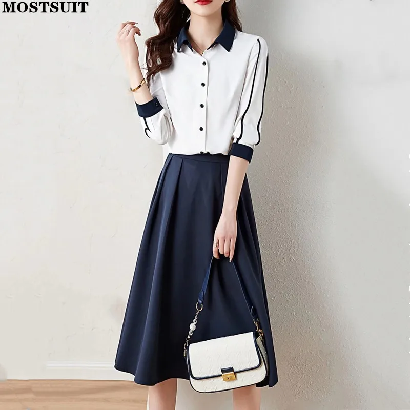 

Elegant Workwear Women 2 Piece Skirt Sets Summer Color-blocked Shirt + High Waist A-line Skirt Korean Fashion Office Ladies Sets