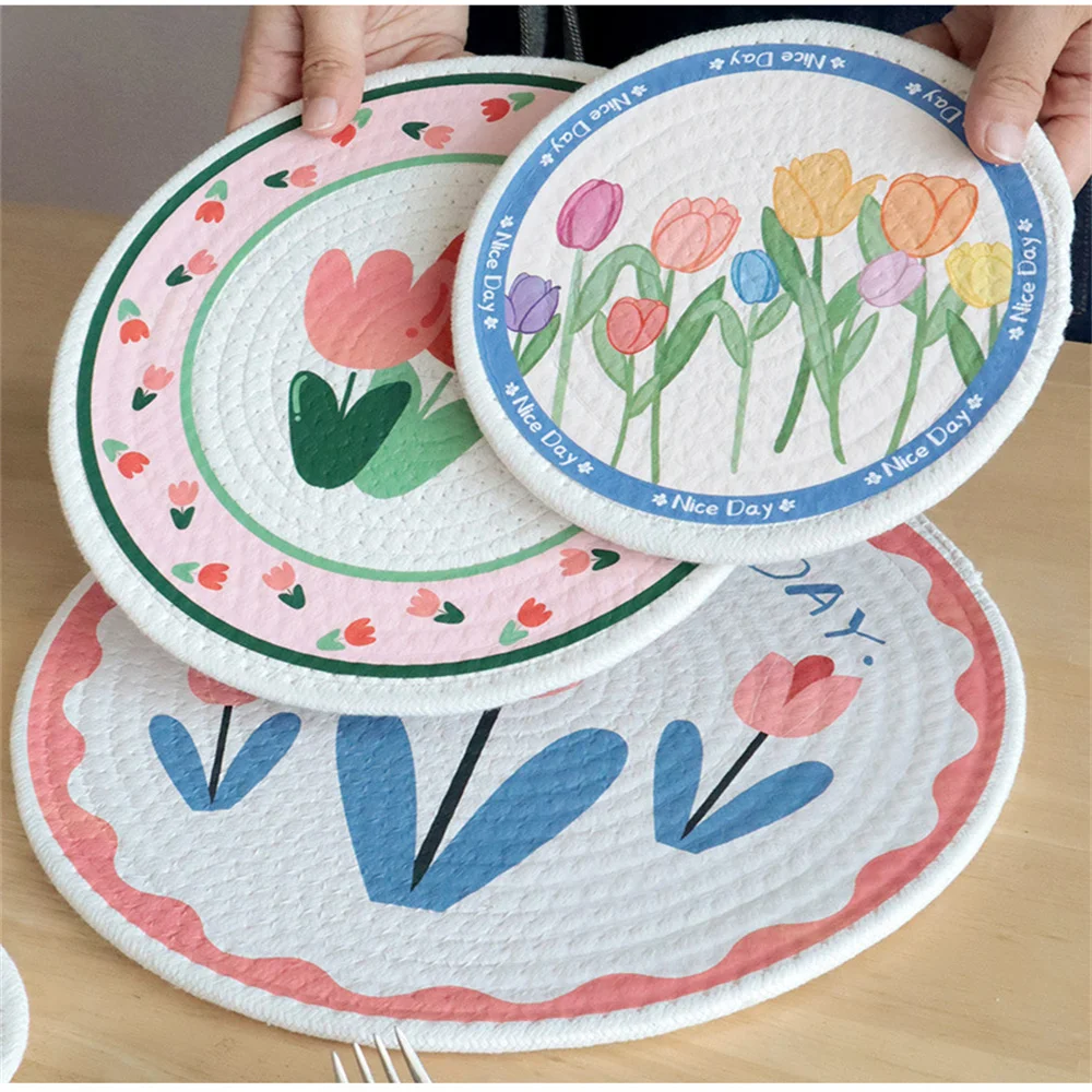 

Cotton Cord Heat Insulation Pad Kitchen Table Mats Dining Table Pads Tulip Coaster Coasters 18cm Placemat Pad Kitchen Tool 1pcs