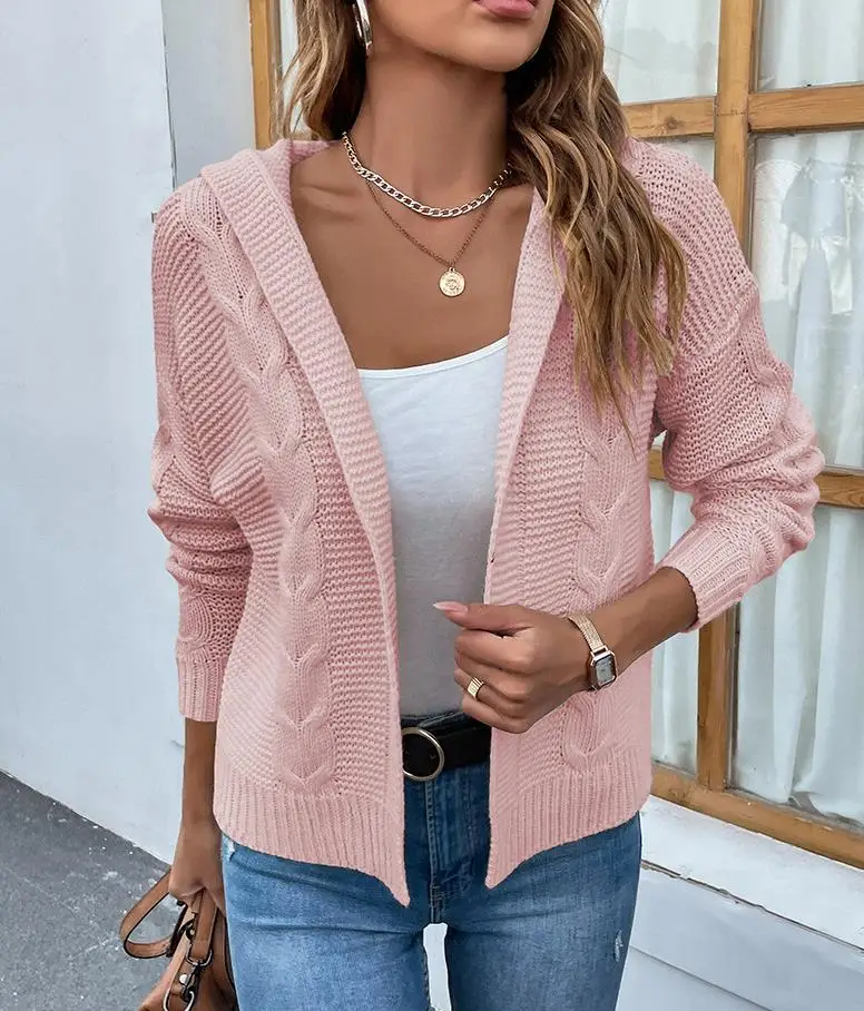 

2023 Fashion Casual New Autumn and Winter Solid Color Knitted Sweater Long-Sleeved Hooded Twist Sweater Women's Cardigan Jacket