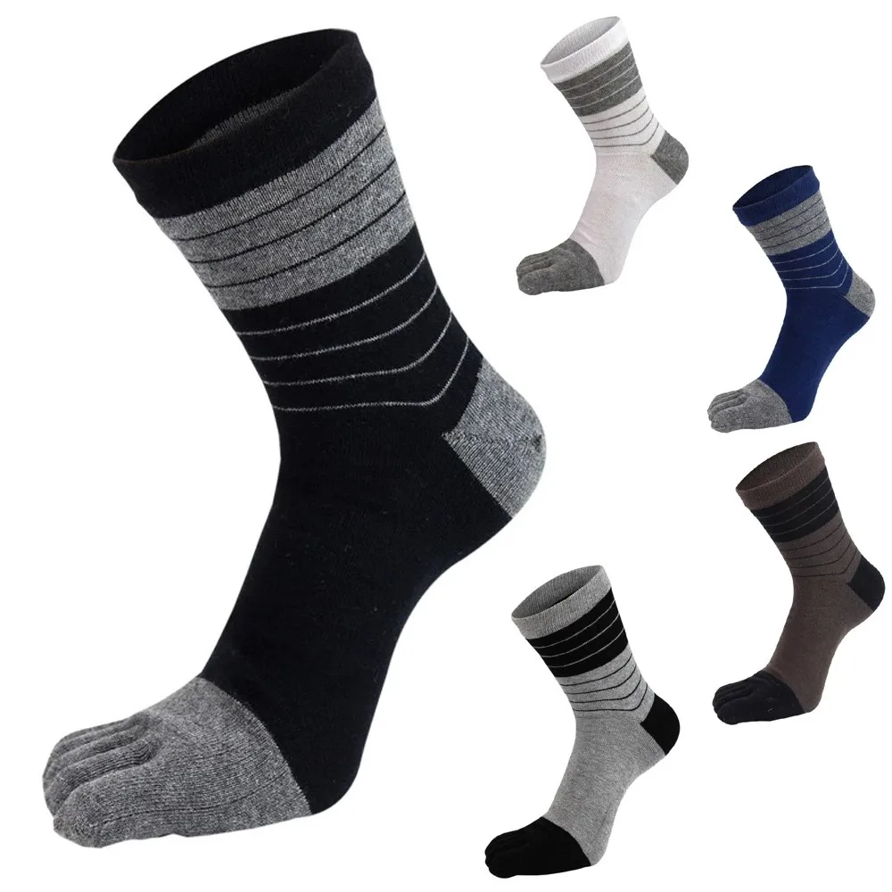 5 Pairs/lot Men Toe Socks Cotton Athletic Running Striped Five Finger Crew Socks Yoga Socks White Blue