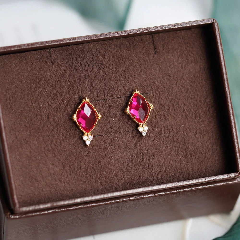 

GULUCA 925 Sterling Silver Stud Earring For Women Olive shape Red Corundum 14K Gold Plated Earrings Jewelry LMEI108