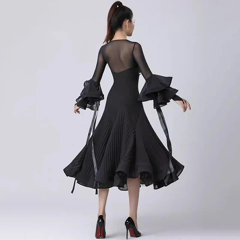 Новинка 2024 черные женские платья для бальных танцев одежда конкурсов вальса