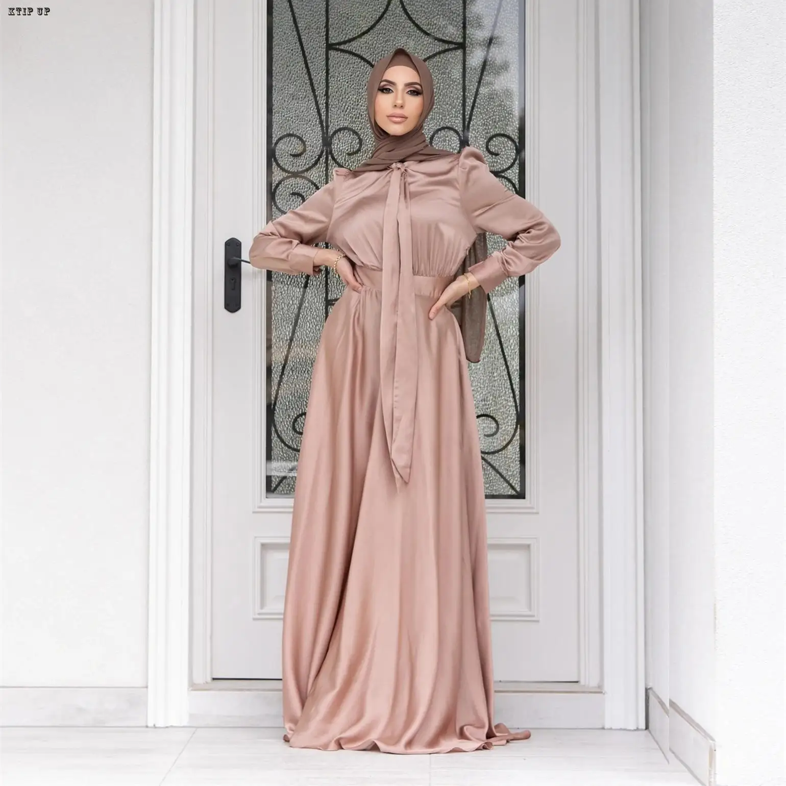 

Satin Muslim Womens Dress Summer Fashion Slim High Waist Long Dress Dubai Abaya Turkey Islam Clothing Evening Party Clothes Robe