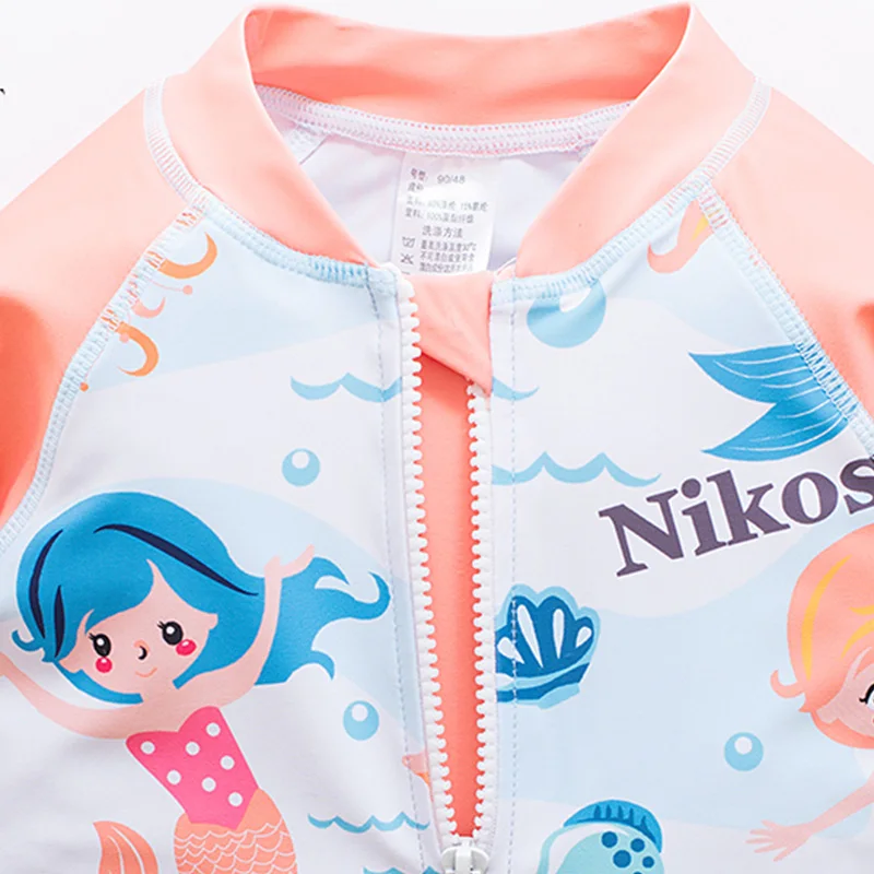 Printed Mermaid Baby Girl Swimsuit Long-sleeved Children's Cwimsuit Cap Children's Sunscreen One-piece Swimsuit Children's Baby