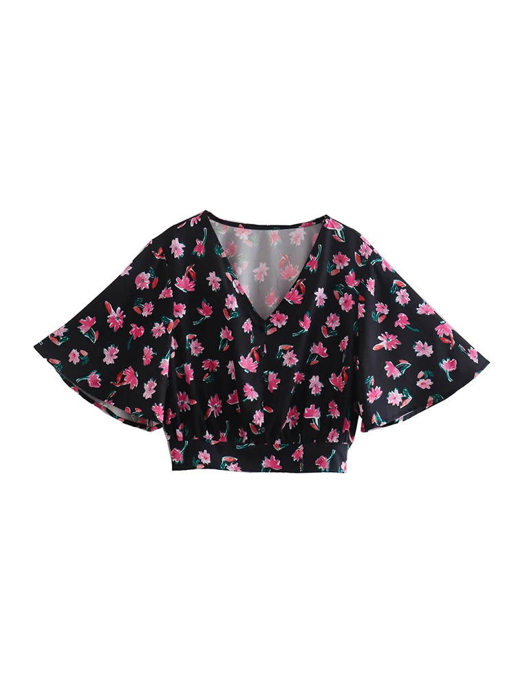 

Женская атласная блузка с коротким рукавом и цветочным принтом, на пуговицах