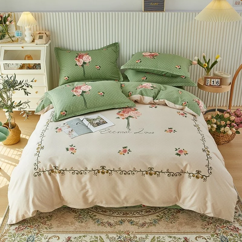 

100%Cotton Soft Breathable Duvet Cover Set Queen King 4Pcs Rustic Flower Farmhouse Bedding set with Zipper Bed Sheet Pillowcases