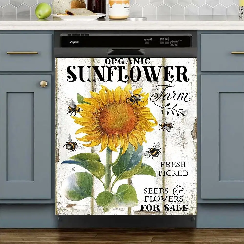 

Kitchen Sunflower Dishwasher Magnet Cover Decal, Flower Refrigerator Cover Decals, Cabinets Stickers, 23" x 26", Magnetic