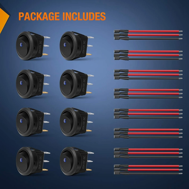 Promotion! 8PCS 12V 20A Round Blue Toggle LED Rocker Switch On-Off Control SPST 3Pins for Car Truck Boat with 24PCS Wires |