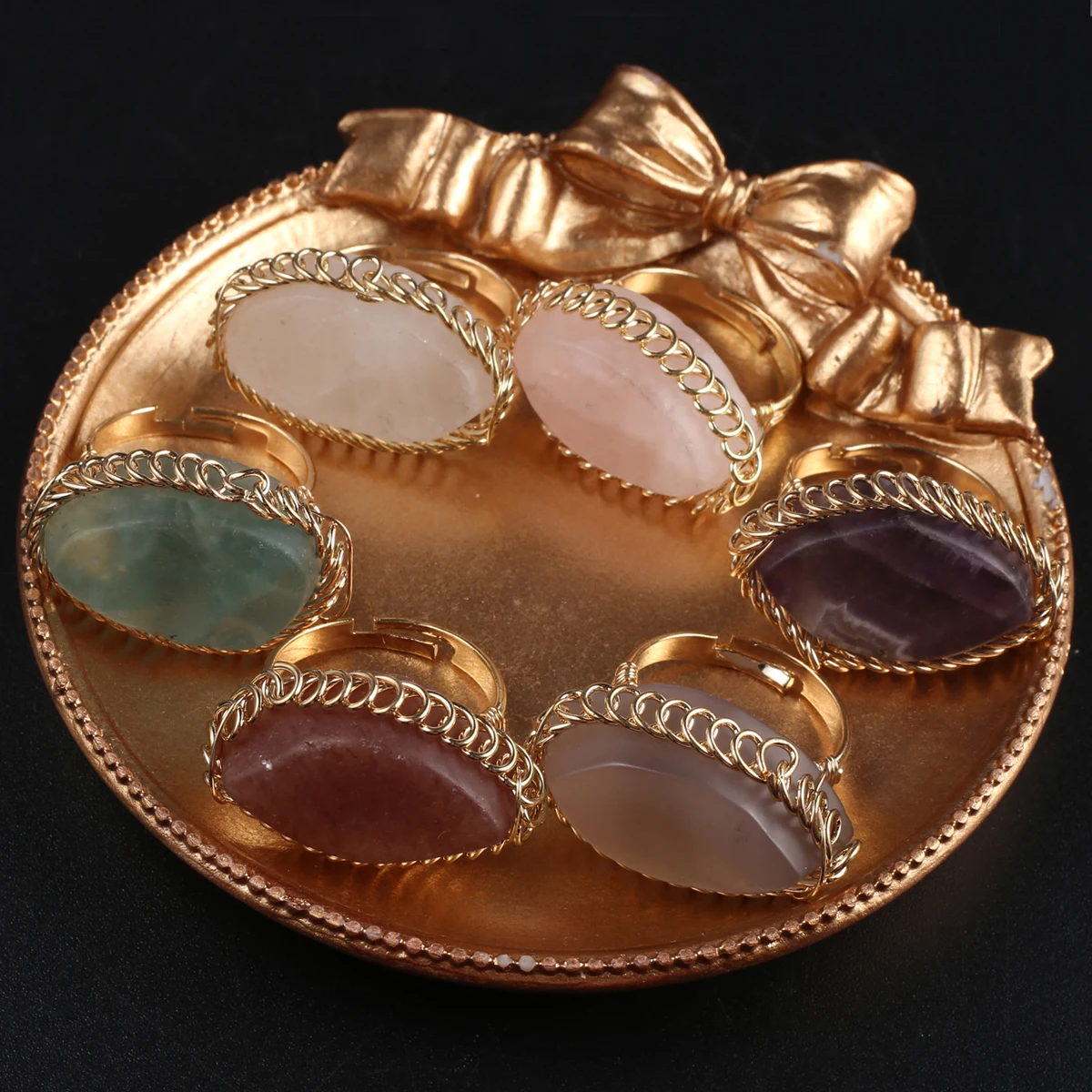 

4PCS Natural Crystal Ring Adjustable Size Amethyst Fluorite Agate Ring Exquisite Reiki Healing Wedding Party Gifts for Women