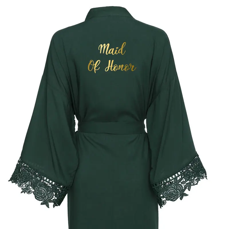 YUXINBRIDAL 2019 New Green Solid Cotton Kimono Robes with Lace  Women Wedding Bridal Robe Bathrobe Sleepwear White Gold Print