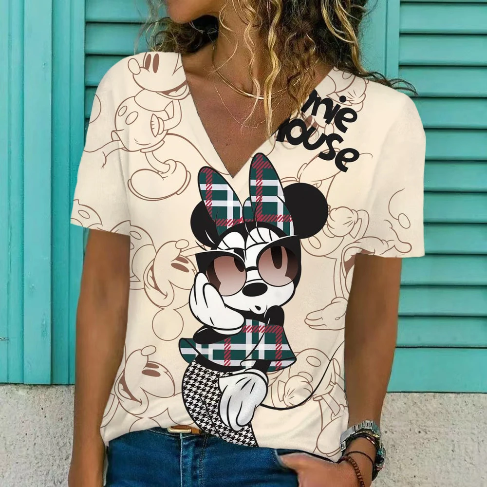 

2022 Summer Disney Minnie Mickey Mouse print T Shirt Ladies Sexy V Neck Short Sleeve Tshirt Casual Basic T-Shirt Tops for Women