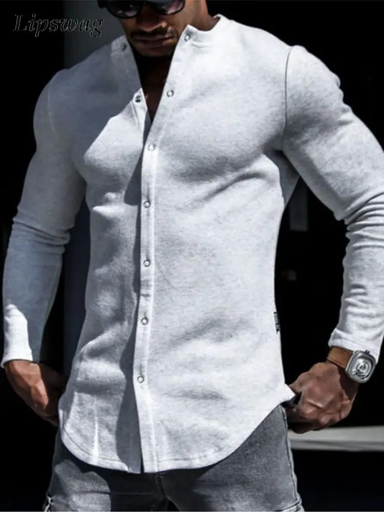 

Винтажная Однотонная футболка на пуговицах, Мужская облегающая футболка с длинным рукавом и воротником-стойкой, модная одежда, популярная ...