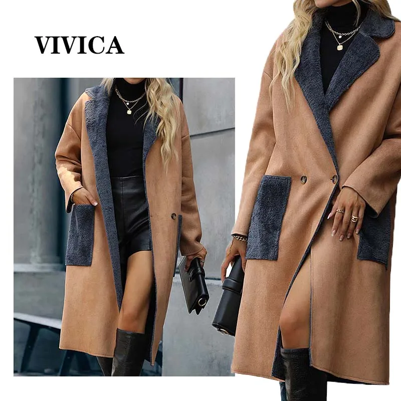 

European and American women's clothing 2022 autumn and winter new temperament lapel solid color large pocket suede long coat