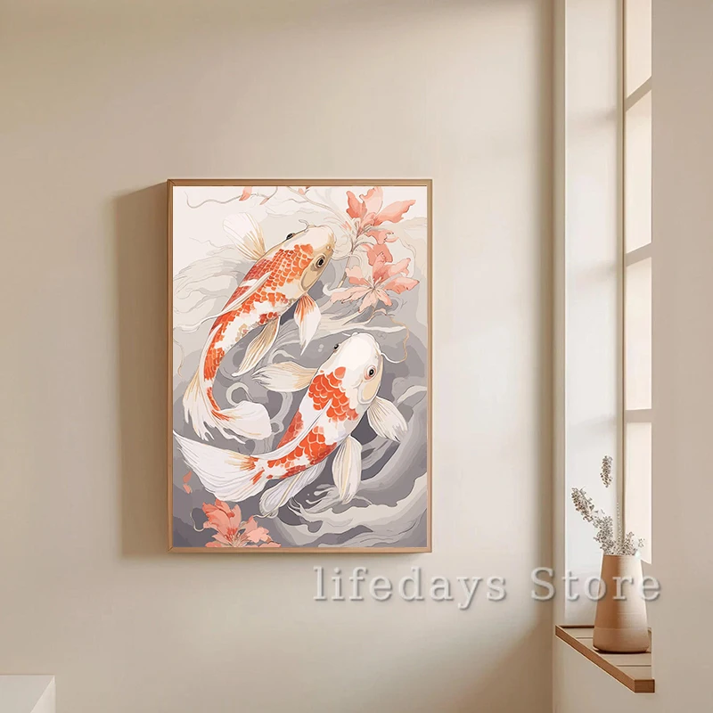 Японская красная рыба кои Ретро постер Чернила Карп Печать Холст Картина