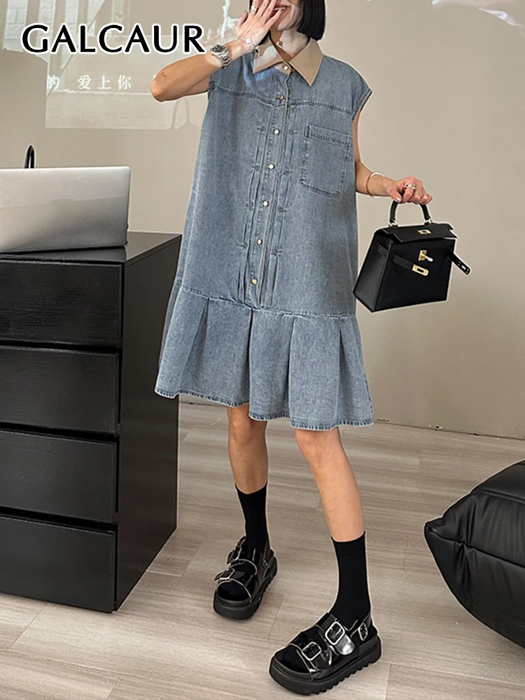 

GALCAUR Solid Denim Dresses For Women Lapel Sleeveless Single Breasted Patchwork Pockets Vintage Loose Ruffles Dress Female New