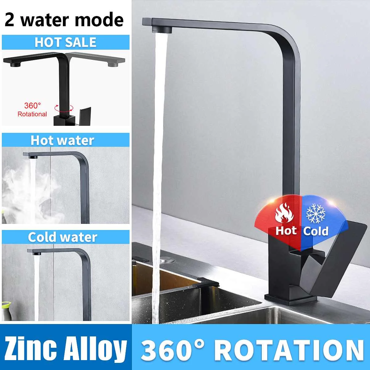 

Square Kitchen Faucet Matte Black 360 Rotation Hot and cold Pure Kitchen Sinks Tap Brass Deck Mounted Mixer Water with 80cm hose