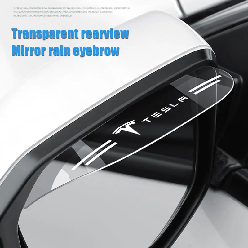 

2Pcs For Tesla 3/S/X/Y Logo Car Flexible PVC Rearview Mirror Rain Shade Rainproof Blades Back Mirror Eyebrow Rain Cover Car Acc
