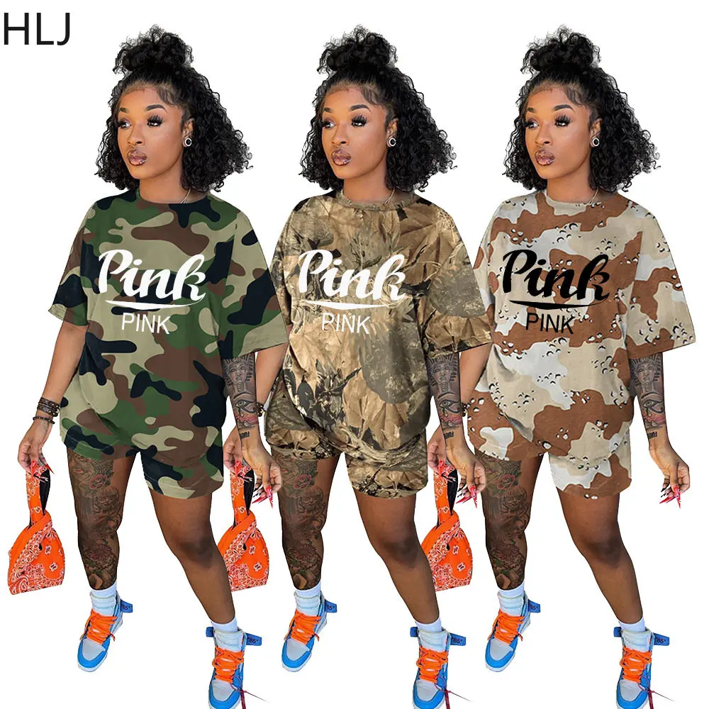 

HLJ Casual Sport Camouflage Print Two Piece Sets Women PINK Letter Print Round Neck Top + Shorts Tracksuits Female 2pcs Outfits