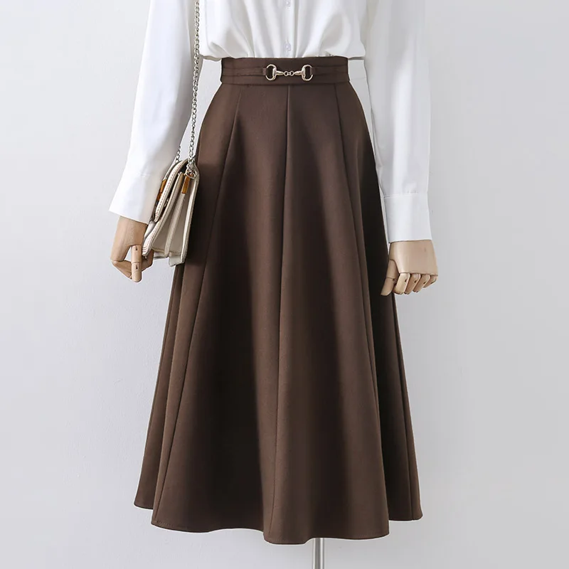 

2022 Autumn Winter Women's New Long Casual Woolen Skirts Female High Waist A-line Skirts Ladies Solid Color Loose Skirts H145