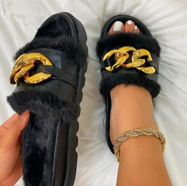 2021 Winter Plush Slippers Fashion Open Toe Solid Color Women's Sandals Metal Chain Outdoor Casual Women's Shoes  Fashion Shoes