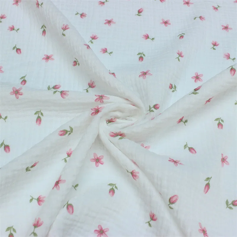 

Double Gauze Cotton Crepe Fabric By Meters White Pink Flower Printed Cotton Material for DIY Sewing Pajamas Baby Clothes Blanket