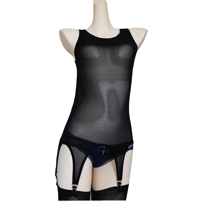 Sexy Women Mesh Garter Belt See Through Bodysuit with 6 Straps Suspender Belt for Stocking Vest Night Club Underwear