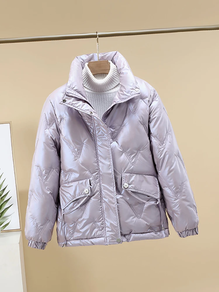 Women Jacket 2022 New Winter Parkas Female Glossy Down Cotton Jackets Stand Collar Casual Warm Parka Short Coat Female Outwear
