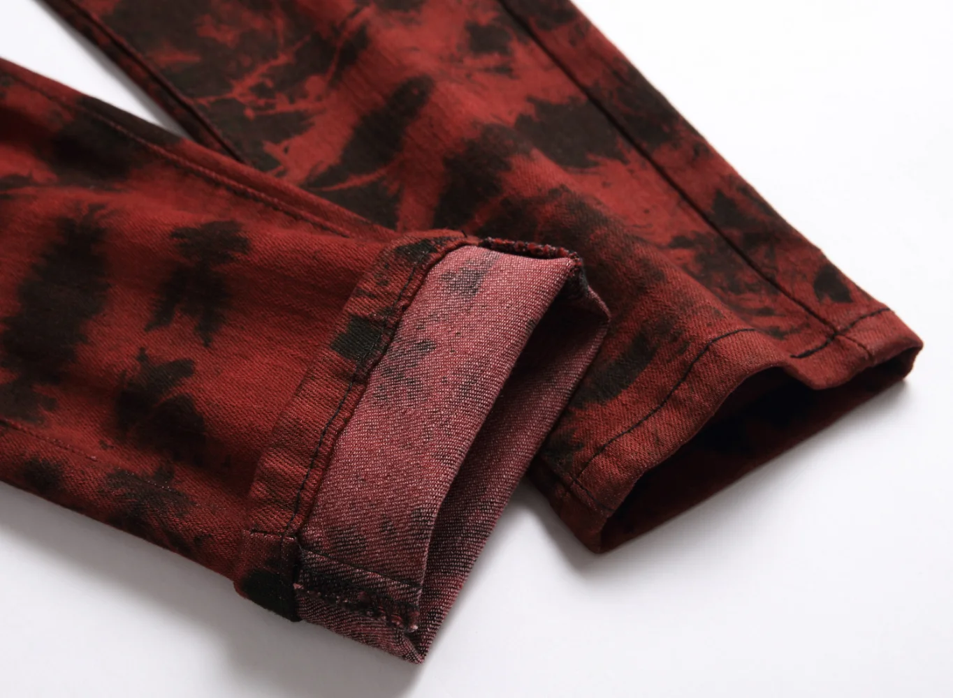 Elastic  Tie-dye Brick Red Streetwear Men Jeans Fashion Personalized Denim Pants Full Length Trousers Slim Male Jeans