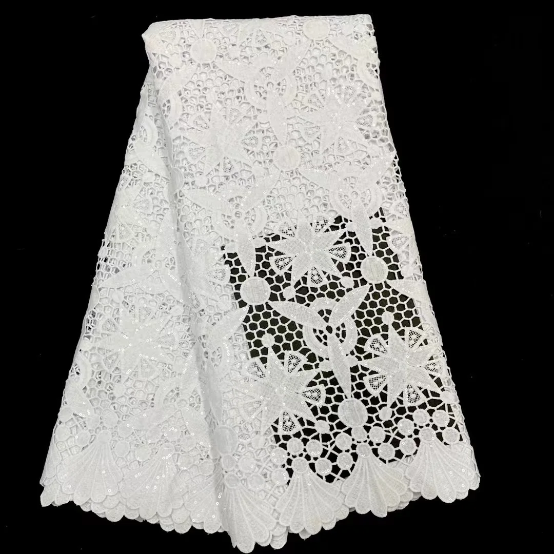 

Pure White Cord Guipure African Sequins Lace Fabric 2022 High Quality Milk Silk Water Soluble French Cord Lace Fabric ForWedding
