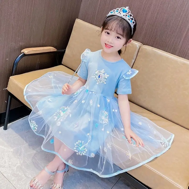 

2022 New Disney Summer Kids Dress Clothes Girls Dresses Frozen Elsa Anna Princess Party Costume For Children Outfits Clothing